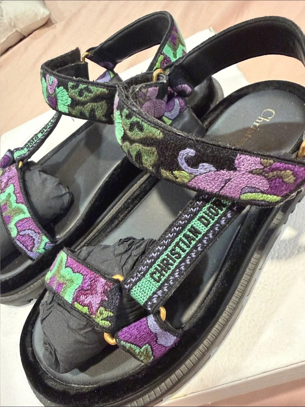 Dior Black Sandals with Purple and Green Embroidered Straps